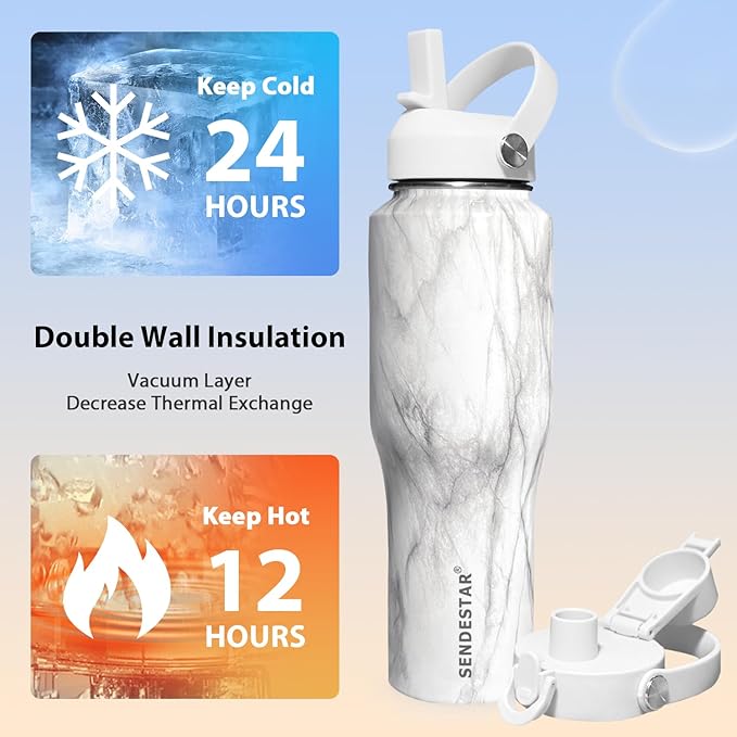 SENDESTAR 40oz Stainless Steel Water Bottle(Cold for 48 Hrs, Hot for 24 Hrs),Double Wall Vacuum Insulated Bottle with Straw Lid, Spout Lid and Flex Cap, Fit in Any Car Cup Holder TXIN-40-Marbling