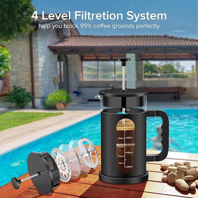 QUQIYSO French Press Coffee Maker, 304 Stainless Steel French Press with 4 Filter, Heat Resistant Borosilicate Glass, Easy to Clean, BPA Free Coffee Press Rust-Free Coffee Maker, 34 ounce, Black