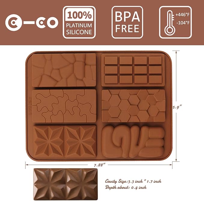 C-CO 6 in 1 Silicone Break Apart Chocolate Bar Mold, Silicone Molds for Wax Melts Non Stick Homemade Protein and Energy Bar Mould, Pack of 2