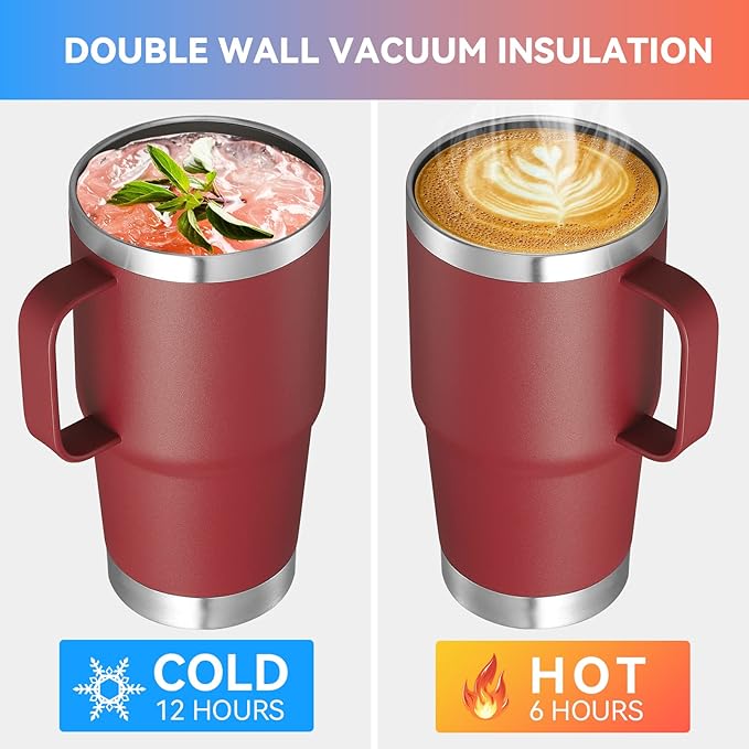 VEGOND 20 oz Tumbler with Handle Lid and Straw, Stainless Steel Insulated Travel Coffee Mug Spill Proof Double Wall Metal Tumbler Cup Keeps Drink Hot and Cold, Wine Red 1 Pack