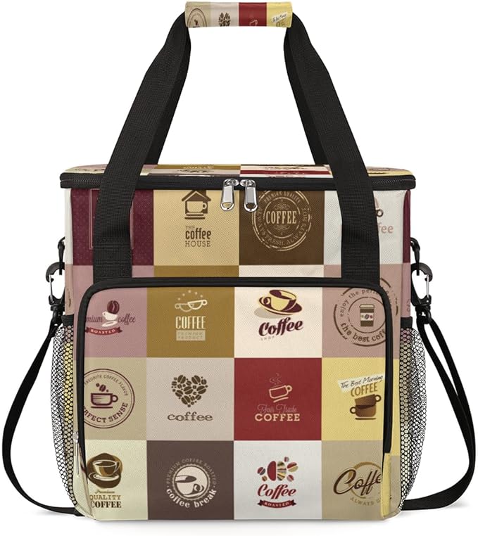 Set of Coffee Icons Maker Carring Bag Travel Carrying Storage Tote Compatible with Keurig K-Mini or Plus Portable Single Serve Brewer Case Pockets for K-cup Pods