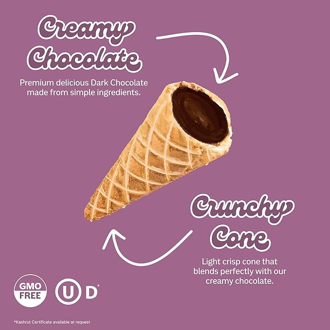 Muddy Bites Waffle Cone Snacks Bite Sized Chocolate Filled Waffle Cones for Snack or Dessert, Ice Cream Topping, Premium Chocolate made with Pure Cane Sugar, Kosher (Dark Chocolate, 5 Bags)