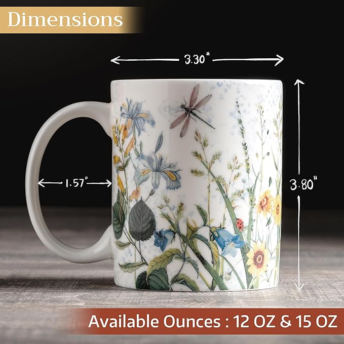 Maison d' Hermine Coffee Mug with Handles Fine Bone China Mugs Pack of One Tea Cups for Hot Beverages Cappuccino Latte Home Restaurant Office Perfect for Gift (Fleurs De Mai - Prairie, 15 Ounce)