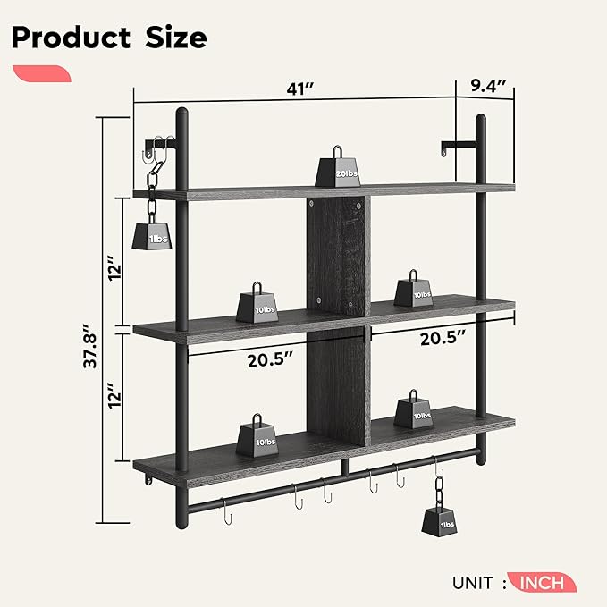 Bestier Kitchen Shelves Wall Mounted Floating Pipe Shelving 3 Tier 41.5" Coffee Bar Shelf with Holder, Wall Display Storage Rack Sundries for Kitchen Living Room, Charcoal Black