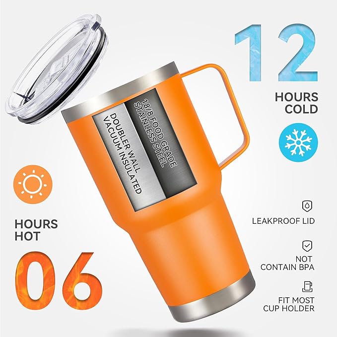 30 oz Tumbler with Handle and Lid, Stainless Steel Tumblers Bulk Double Wall Vacuum Insulated Travel Mug Leak Proof Cup Keep Drinks Cold and Hot Orange, 12 Pack