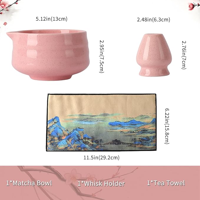 Japanese Ceramic Matcha Bowl - 16oz Speckle Glaze Chawan & Whisk Stand for Perfect Froth, Dishwasher Safe Pink