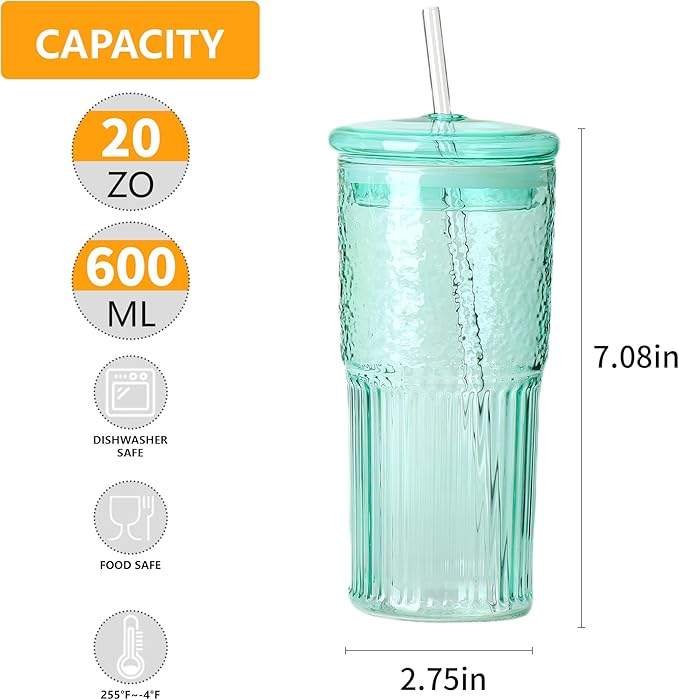 20 OZ Glass Cup with Lids and Glass Straws, High Borosilicate Iced Coffee Glass Tumblers with Lid and Straw for Drinks, 2pcs Reusable Wide Mouth Smoothie Cup(Cyan)