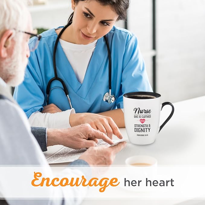 Christian Art Gifts Inspirational Ceramic Coffee & Tea Scripture Mug for Women Nurses: Strength & Dignity Encouraging Proverb, Microwave/Dishwasher Safe Novelty Cup, Cute Heart, White & Black, 12 oz.