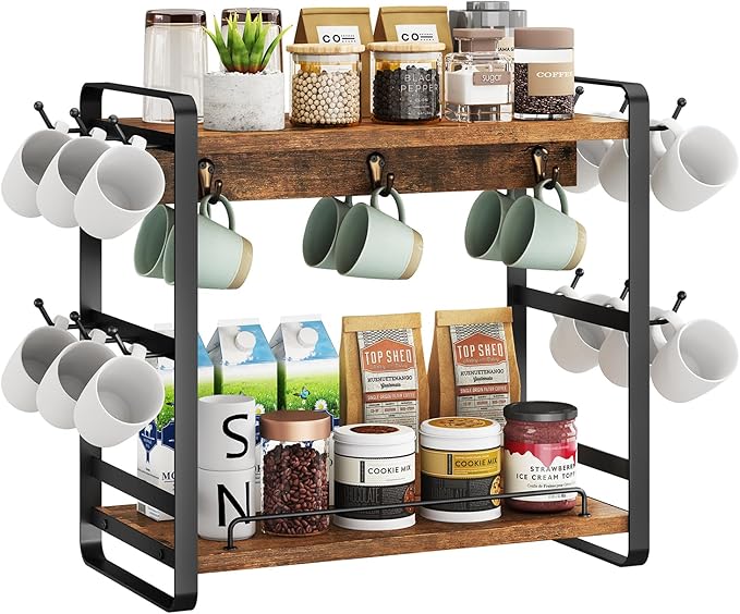 IBUYKE Coffee Bar Station Countertop Organizer,2 Tier Kitchen Mug Cup Holder Stand,Wooden Coffee Mug Organizer with 18 Hooks,Multifunctional Mug Tree for Home Kitchen, Office,Vintage Brown UTBJ006H