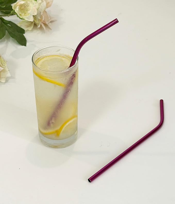 10 Pcs Stainless Steel Straws, Reusable Drinking Straws, Bent Metal Straw Sets with 2 Pcs Cleaning Brushes (Rose Red, 10.5 Inch)