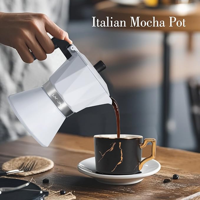 Moka Pot, 6-Cup Espresso Maker, 300ml Portable Stovetop Espresso Maker, Percolator Coffee Pot Compatible with Induction Cooktops, Suitable for Home and Camping (White)