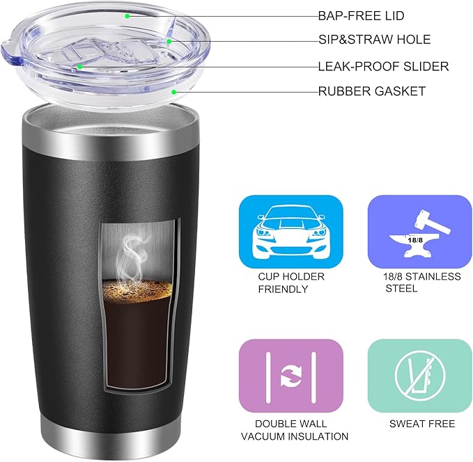 VEGOND 20oz Tumbler with Lid and Straw Stainless Steel Tumbler Cup Bulk Vacuum Insulated Double Wall Travel Coffee Mug Powder Coated Coffee Cup(Black 6 Pack