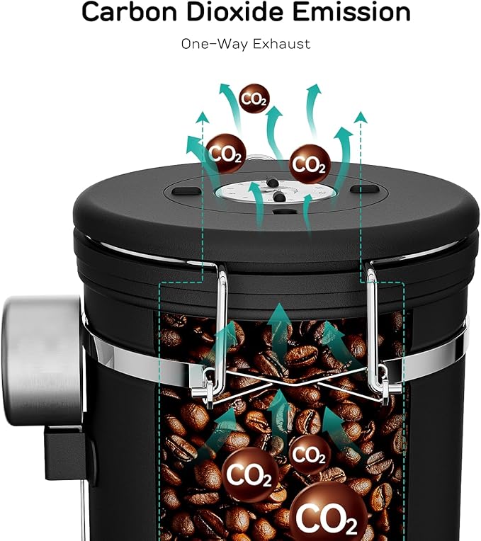 Coffee Gator Coffee Canister, 16oz Airtight Stainless Steel Kitchen Food Storage Container with Date Tracker, CO2-Release Valve and Scoop for Sugar, Beans, Tea, Sugar, Cereal, Cookies Jars - Black