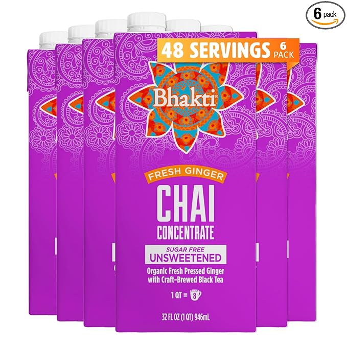 Bhakti Chai Tea Concentrate | Sugar-Free, Fresh Organic Ginger, Black Tea, Spiced, Dairy-Free, Vegan (Pack of 6)