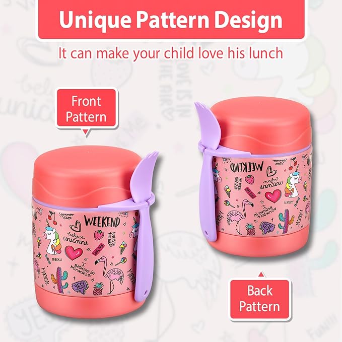 10oz Soup Thermo for Hot Food Kids,Lunch Thermo Kids Food Jar with Spoon Hot Insulated Food Containers,Leak Proof Stainless Steel Wide Mouth Lunch Food Thermo Jar for School(Pink-Flamingo)