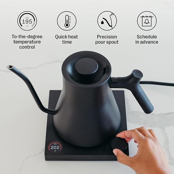 Fellow Stagg EKG Pro Electric Gooseneck Kettle - Pour-Over Coffee and Tea, Quick Heating, Precise Temperature Control, Scheduling, Built-in Brew Timer, Stone Blue with Walnut Wood Handle, 0.9 Liter