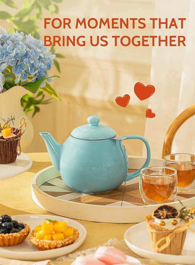 Sweese Teapot, Porcelain Tea Pot with Stainless Steel Infuser, Blooming & Loose Leaf Teapot - 27ounce, Turquoise