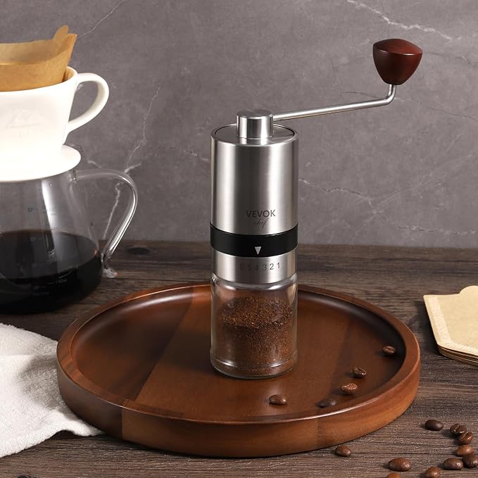 VEVOK CHEF Manual Coffee Grinder Stainless Steel Burr Grinder 6 External Adjustable Setting Vintage Hand Coffee Grinder Portable Hand Crank Conical Coffee Bean Grinder Mill for Home,Camping