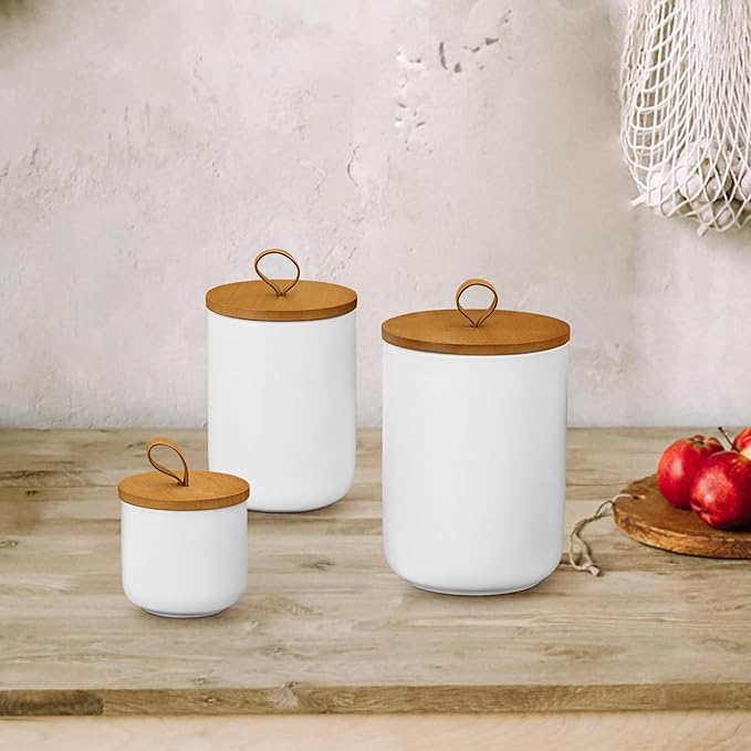 Ceramic Storage Jars, Modern Elegant Highly Polished Airtight Gorgeous Storage Canisters with Wooden Lid Small Food Stroage Jar for Kitchen Spice Tea Vanilla Sugar Coffee Beans (White trumpet)