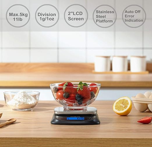 NUTRI FIT Ultra Slim Kitchen Scale Digital Food Weight Scale for Baking Cooking in Grams and Ounces Tare & Backlit LCD Display 11lb 5kg Capacity- Black/Stainless Steel