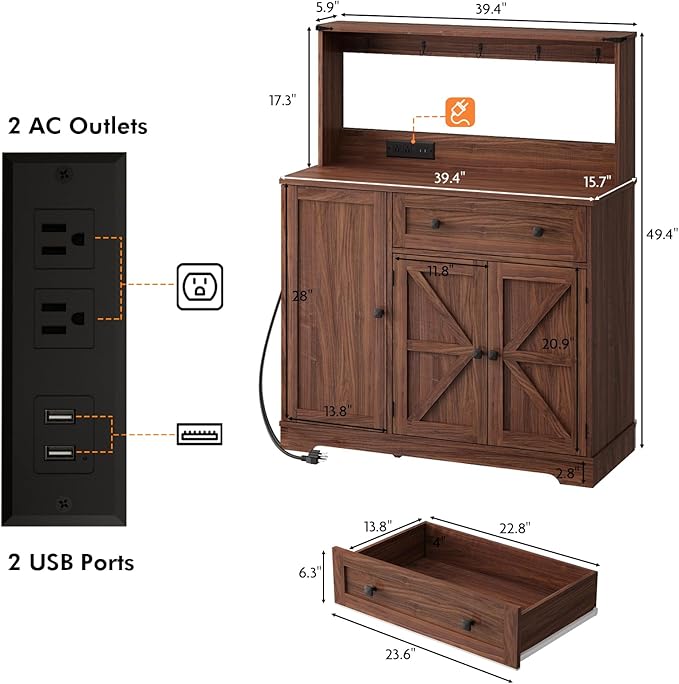 Wnutress Farmhouse Coffee Bar Cabinet with Drawer, 39" Kitchen Hutch Sideboard Buffet Cabinet with Charging Station and Adjustable Shelves, Coffee Bar Storage Table for Living Room, Dining Room, Brown