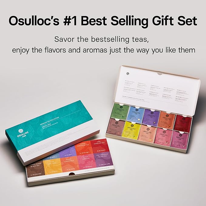 OSULLOC Premium Tea Collection (40 count, 10 flavors x 4 ea), Assorted Tea bag Sampler, Tea Gift sets for Tea lover, Self Care Gift Box, Premium Organic Pure & Blended Tea from Jeju