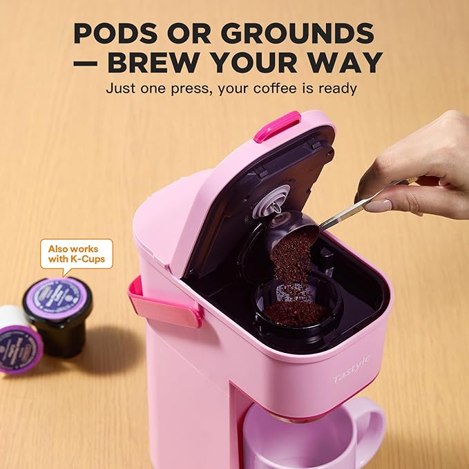 Single Serve One Cup Coffee Maker, for K Cups and Grounds, Mini Coffee Maker with Portable Handle, 6 to 12 Oz Brew Size, for Travel, Camping, Office, RV and Dorm, 120V, Dusty Rosa