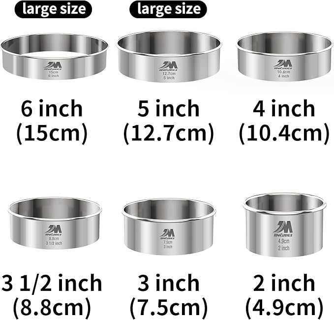 M JNGMEI 6 Pieces Stainless Steel Cookie Biscuit Cutter Set 2'', 3'',3.5'', 4'',5''and6'' Biscuit Plain Edge Round Cutters large Sizes Shape Molds Ranging from 2-6 Inches Multiple Sizes