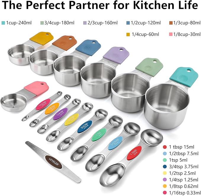 Magnetic Measuring Cups and Spoons Set of 16 Includes Stainless Steel Magnetic Measuring Cup Double Sided Magnetic Measuring Spoons with 1 Leveler for Dry and Liquid Ingredients