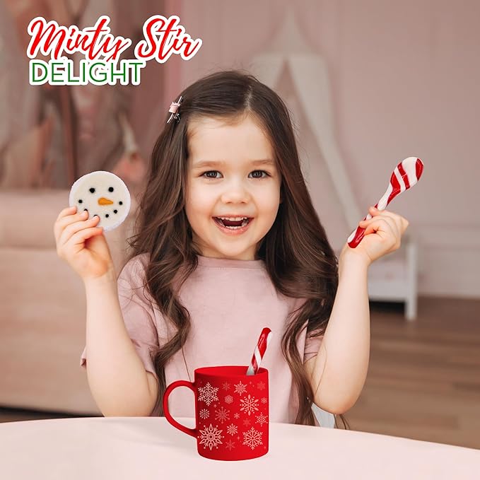 4E's Novelty Snowman Marshmmallow Toppers and Peppermint Spoons (24pc of Each) Candy Canes Spoons and Sugar Coated Snowman Face Marshmallows for Christmas Hot Chocolate Bar Supplies, Hot Cocoa Toppers Decorations