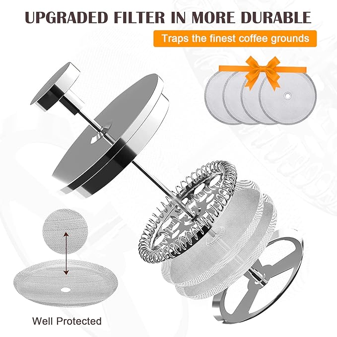 French Press Coffee Maker, Double Insulated 304 Stainless Steel Coffee Tea Maker 4 Level Filtration System, No Coffee Grounds, Rust-Free, Dishwasher Safe, 1000ml