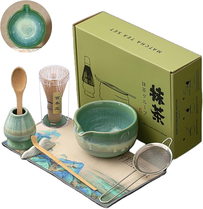 Matcha Whisk Set with Ceramic Bowl - Bamboo Whisk (Chasen), Scoop, Sifter & Holder - Complete Kit for Traditional Matcha Tea - Unique Gifts for Women, Men, Tea Lovers (Green)