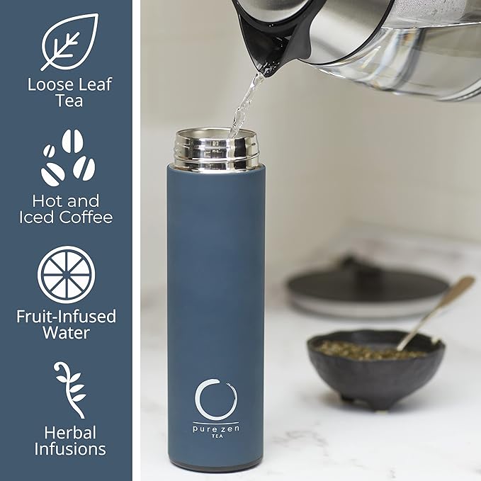 Pure Zen Tea Thermos with Infuser for Hot and Cold Infusions - Stainless Steel - Tea Infuser Bottle - Leakproof Travel Mug with Filter - 15oz - Blue