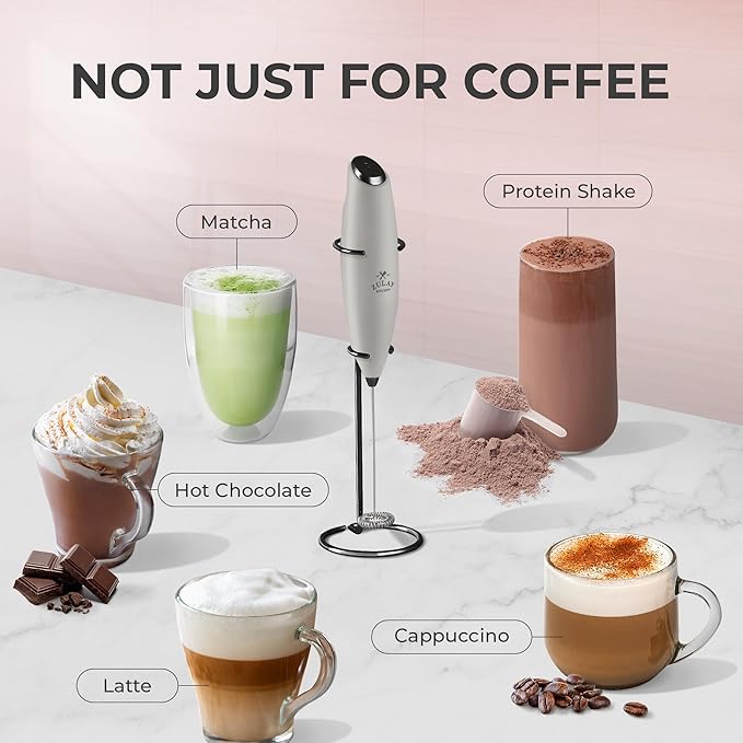 Zulay Powerful Milk Frother (4 Duracell Batteries Included) - Handheld Milk Frother Wand Drink Mixer for Coffee - Powerful Milk Foamer for Cappuccino, Frappe, Matcha - Exec Grey/Black/Black Stand