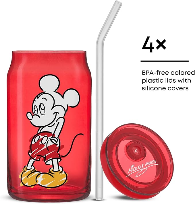 JoyJolt Disney Mickey Mouse and Friends Color Sketch Glass Tumblers with Lids and Straws, 16oz Glass Cups with Lids and Straws, Can Shaped Drinking Glasses Set of 4, Disney Gifts for Adults