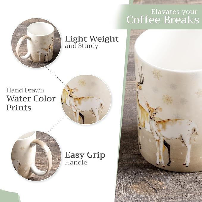Maison d' Hermine Coffee Mug with Handles Fine Bone China Mugs Pack of Two Tea Cups for Hot Beverages Cappuccino Latte Home Restaurant Office Perfect for Gift (Deer In The Woods, 15 Ounce)