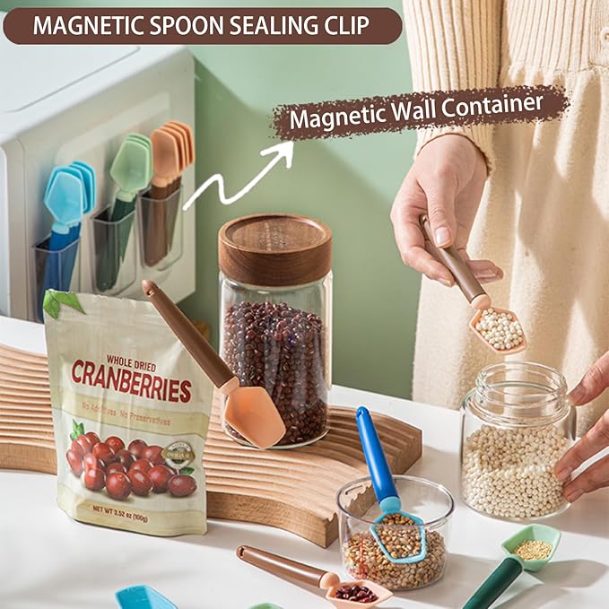 2 SET of 8 PCS Multi-functional sealing clip with measuring spoon Magnetic Coffee Measuring Spoon Sealing Clips with Wall Container Mount, PP materia, Deep Bowl Design (White)