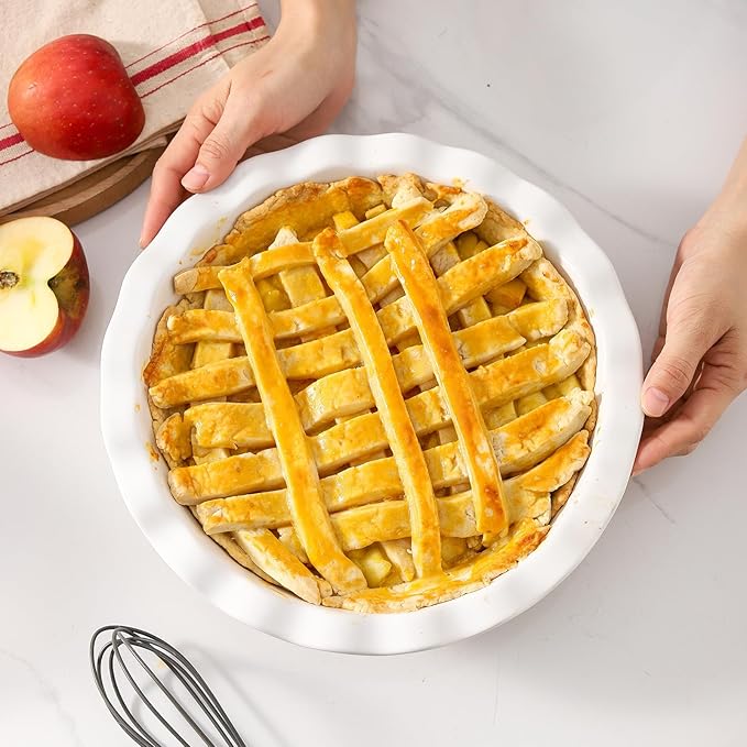 Hasense Ceramic Pie Pan, 9 Inch Quiche Pie Dish for Baking, Apple Pie, Tart, and Cake, Farmhouse White Round Baking Dish, Microwave & Oven Safe, Ideal Gift for Kitchen