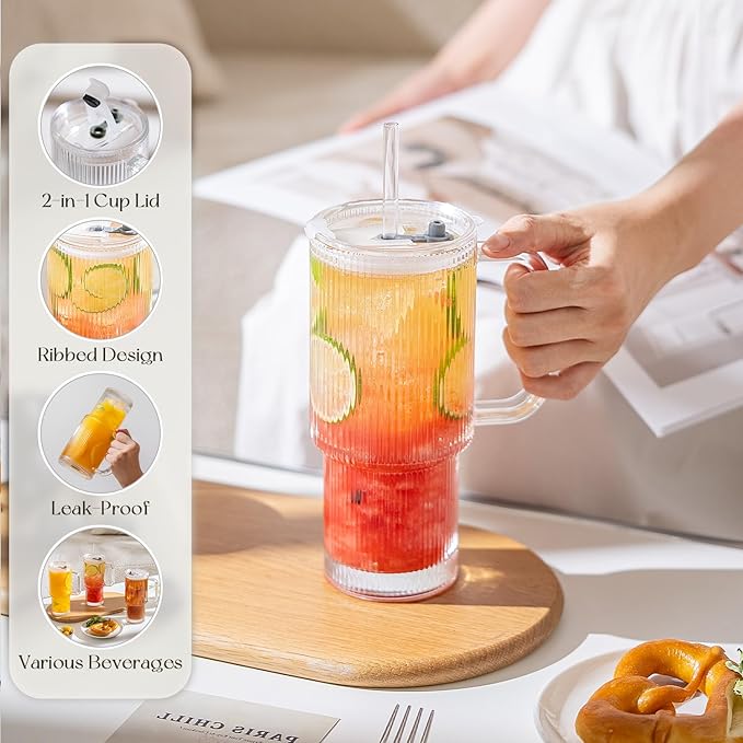 Large 26oz Clear Glass Mug with Handle and Sliding Lid – Aesthetic Ribbed Tumbler for Iced Coffee, Tea, Smoothies & Hot Drinks – Reusable Travel Cup with Straw, Dishwasher Safe (Ribbed Tumbler)