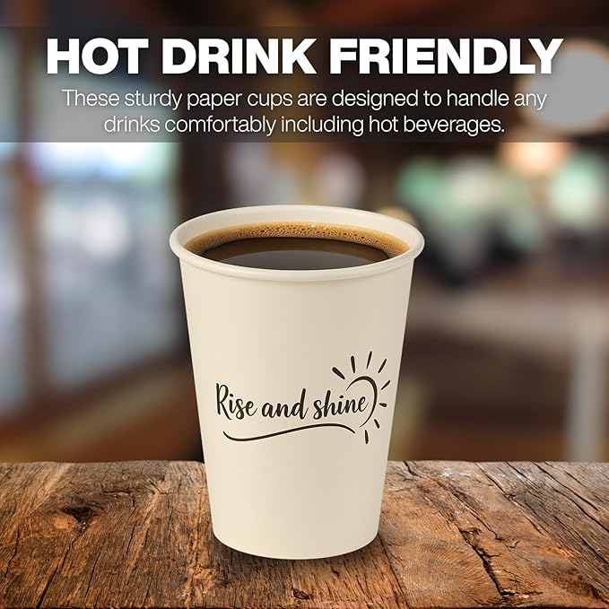 Smygoods Disposable Coffee Cups, To Go Paper Hot Cups, Rise and Shine Design (12 OZ, 100 Count) For Hot Beverages, Coffee, Tea, Espresso, Cocoa - Vasos Para Cafe