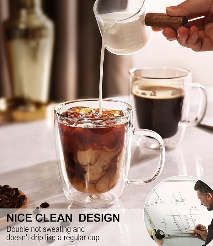 OJA Double Walled Glass Coffee Mugs Set of 4 12oz Hand Blown Clear Coffee Cup with Handle for Cappuccino, Tea Cups, Latte Espresso American Insulated, Heat Resistant Borosilicate Glass