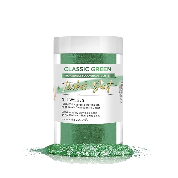 BAKELL Classic Green Edible Glitter, 25 Grams | TINKER DUST Edible Glitter | KOSHER Certified | 100% Edible Glitter | Cakes, Cupcakes, Cake Pops, Drinks, Dessert Vegan Glitter & Dusts (25g, Classic Green)