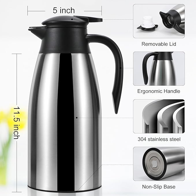 70 oz Thermal Coffee Carafe, Updated Insulated Stainless Steel Coffee Carafes for Keeping Hot Coffee & Water Hot Beverage-12Hours, Double Walled Vacuum Coffee Carafe(Gold)