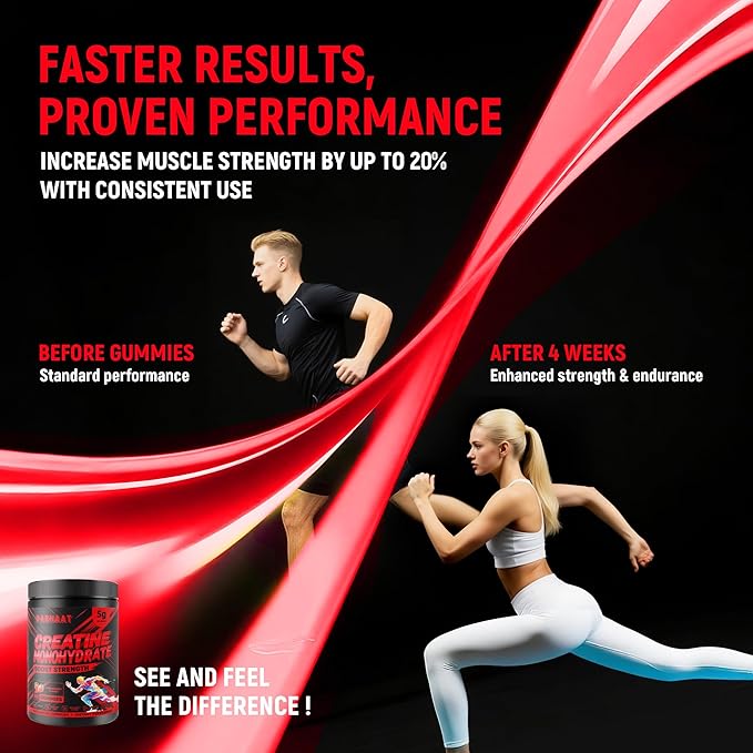 Creatine Monohydrate Gummies 5g for Men & Women - Boost Focus,Strength, and Endurance, Anti-Melting Formula, Vegan, Gluten-Free, Non-GMO, 2.5 Gram Creatine per Gummy (Strawberry 90 ct)