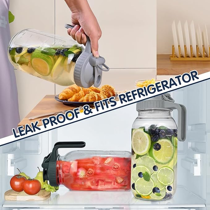 64oz Glass Pitcher with Lid, Wide Mouth Mason Jar Water Jug, Leak-Proof Airtight Mason Jar for Cold Brew Coffee, Iced Tea, Milk, Food Storage, Sun Tea Jug (Black)