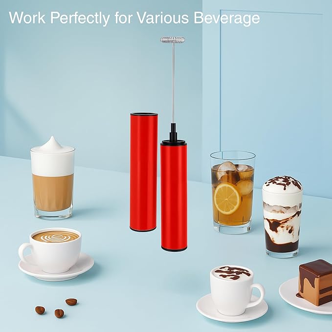 Milk Frother, Rechargeable Battery Operated Frother for Coffee,Portable Drink Mixer with 2 Stainless Steel Whisk Heads,Milk Foamer for Keto Coffee, Latte, Cappuccino, Hot Chocolate,Rube Red