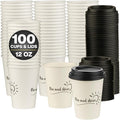 Smygoods Disposable Coffee Cups with Lids, To Go Paper Hot Cups, Rise and Shine Design (12 OZ, 100 Count) For Hot Beverages, Coffee, Tea, Espresso, Cocoa - Vasos Para Cafe