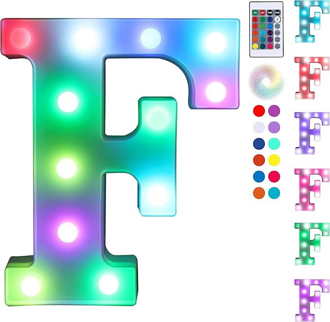Foaky Colorful LED Letter Lights with Remote,Marquee Light Up Letters Sign for Night Light Wedding/Birthday Party Battery Powered Christmas Lamp Home Bar Decoration(F)