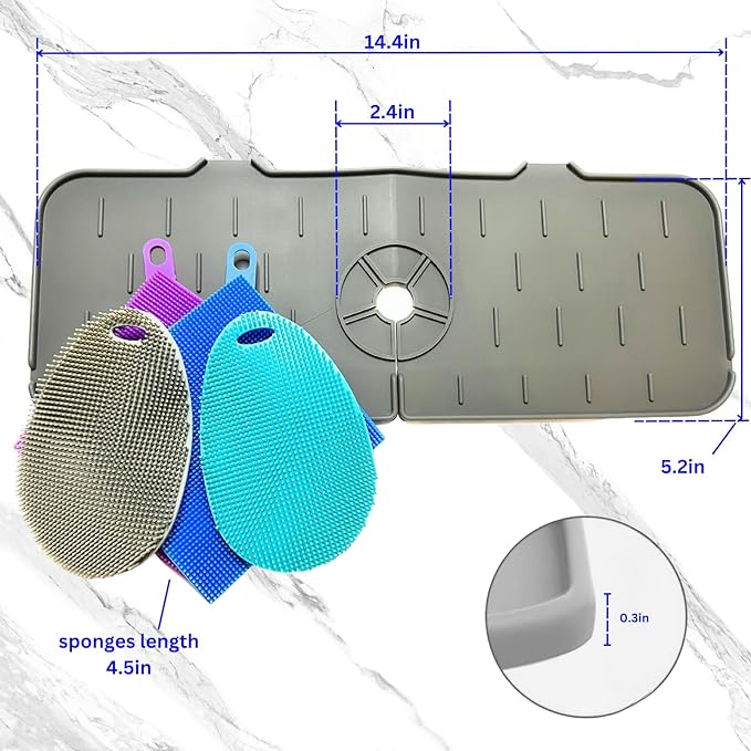 Faucet Mat for Sink - Silicone Scrubber Dish Set, Splash Guard, Food Grade BPA Free Kitchen Scrubber