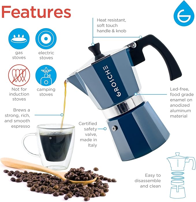 GROSCHE Milano Stovetop Espresso Maker Moka Pot 3 espresso Cup - 5 oz, Blue -Moka Espresso Coffee Maker Stove top coffee maker Moka Italian espresso greca coffee maker brewer percolator